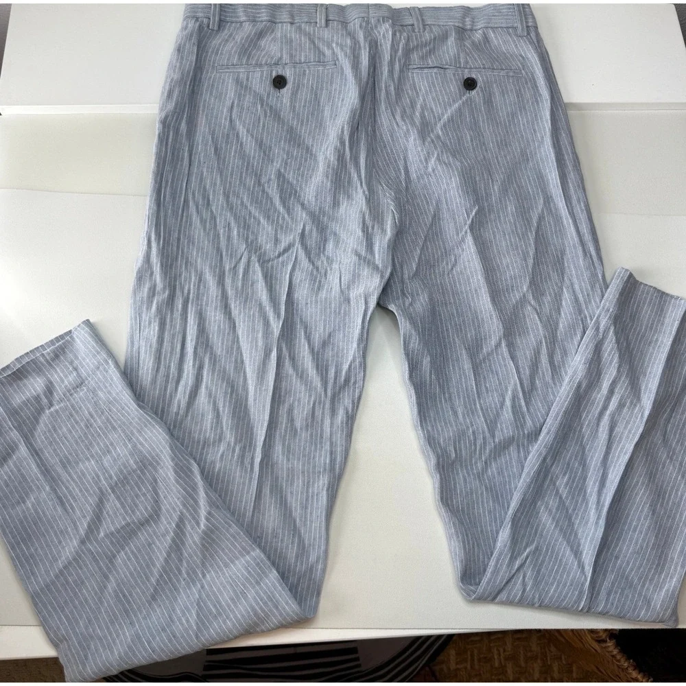 Club Monaco Sutton Slim Fit Linen Pin Striped Pants Blue Mens 32x32 MSRP 159NEW